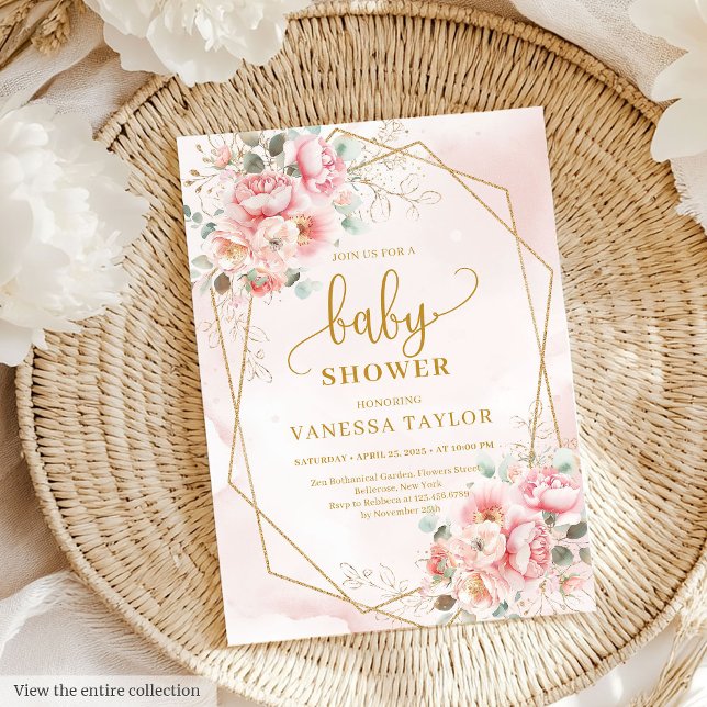 Lovely blush pink and gold floral girl baby shower invitation (Lovely blush pink and gold floral girl baby shower Invitation)