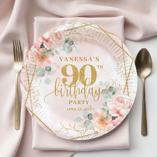 Lovely Blush Pink Gold Watercolor 90th Birthday  Paper Plate