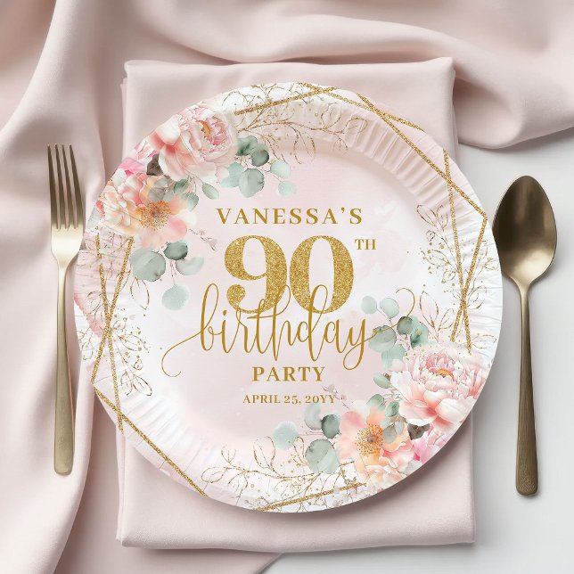 Lovely Blush Pink Gold Watercolor 90th Birthday  Paper Plate (Lovely Blush Pink Gold Watercolor 90th Birthday Plates)