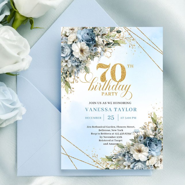 Lovely bohemian blue florals gold frame 70th bday invitation (Lovely bohemian blue florals gold frame 70th birthday

)