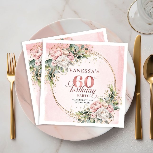 Lovely Boho Blush Pink Floral 60th Birthday Napkin (Lovely Boho Blush Pink Floral 60th Birthday Napkins)