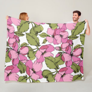 Lovely boho botanical floral pattern pink green fleece blanket