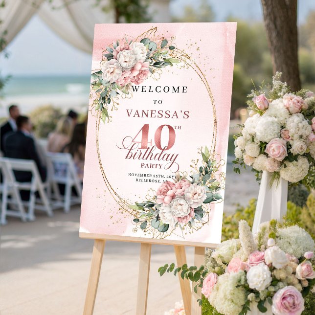 Lovely Boho Dusty Pink Greenery 40th Birthday   Poster (Lovely Boho Dusty Pink Greenery 40th Birthday Welcome)