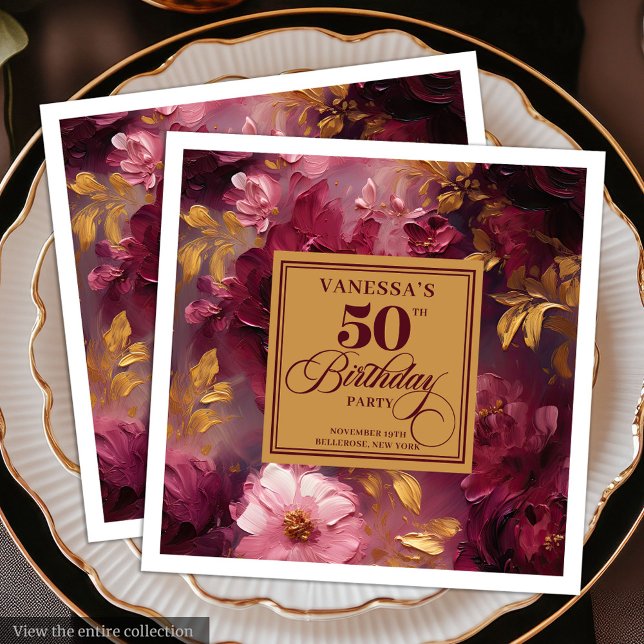 Lovely Boho Maroon Blush Gold 50th Birthday Napkin (Lovely Boho Maroon Blush Gold 50th Birthday Napkin)