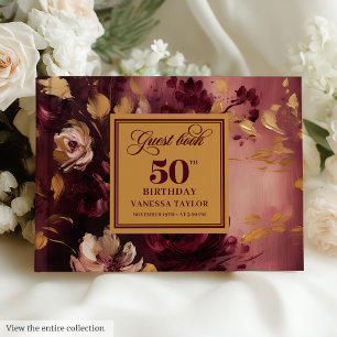 Lovely Boho Maroon Blush Gold Floral 50th Birthday Guest Book