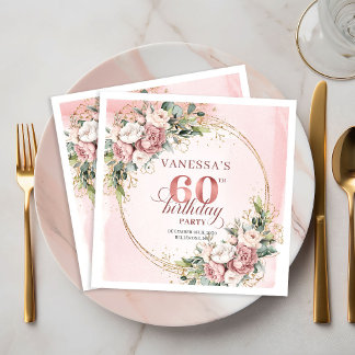 Lovely Boho Rose Gold Floral 60th Birthday Napkins