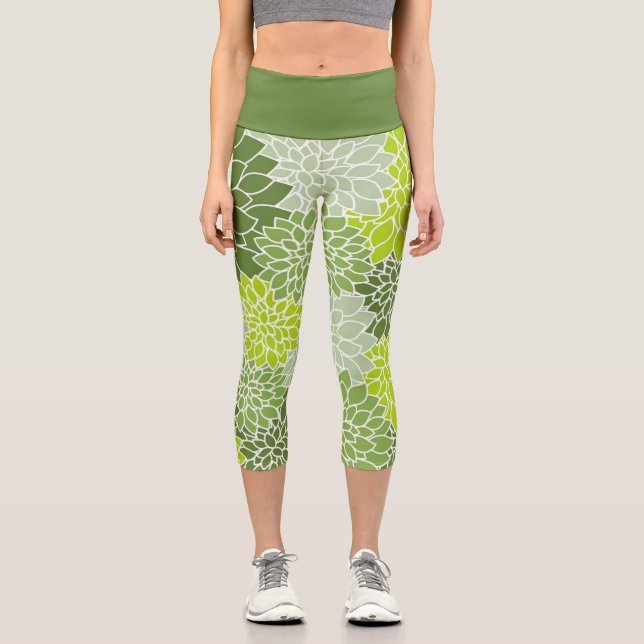 Lovely Botanical  Green Dahlia Floral Capri Leggings (Front)
