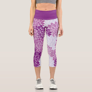 Lovely Botanical Purple Light Blue Dahlia Floral Capri Leggings