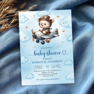 Lovely Boy Shower Invitation Teddy Bear Pilot Blue