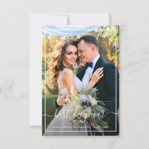 Lovely bride & groom photo script overlay wedding thank you card