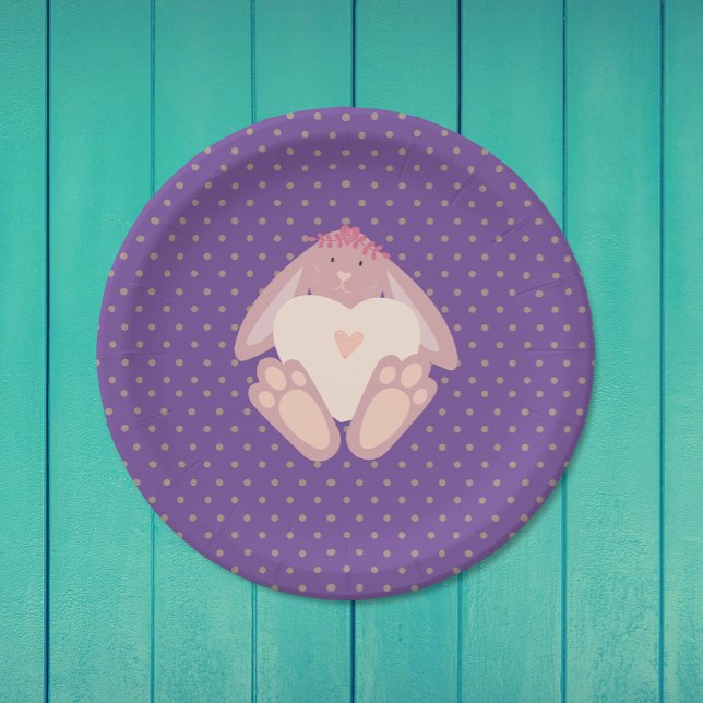 Lovely Bunny With Heart Purple Birthday Party Paper Plate (Creator Uploaded)