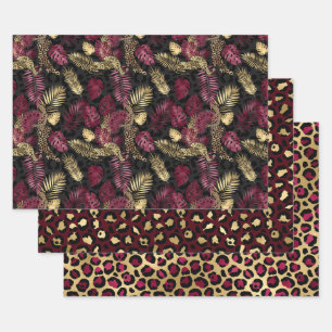 Lovely Burgundy and Gold Leopard Print Wrapping Paper Sheet