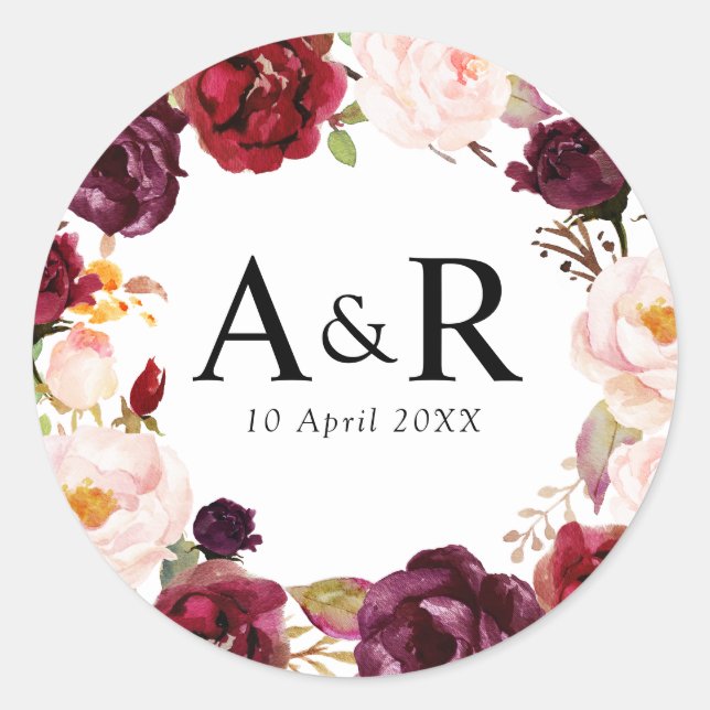 lovely burgundy floral wedding sticker (Front)