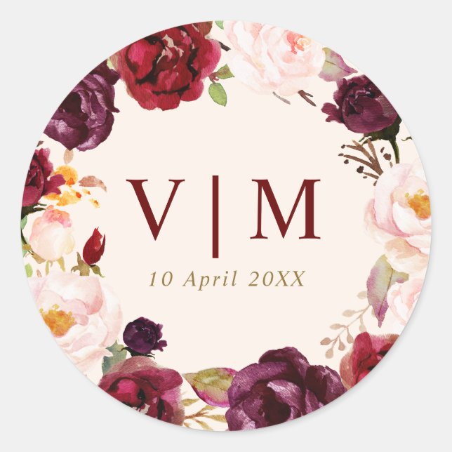 lovely burgundy red floral wedding sticker (Front)