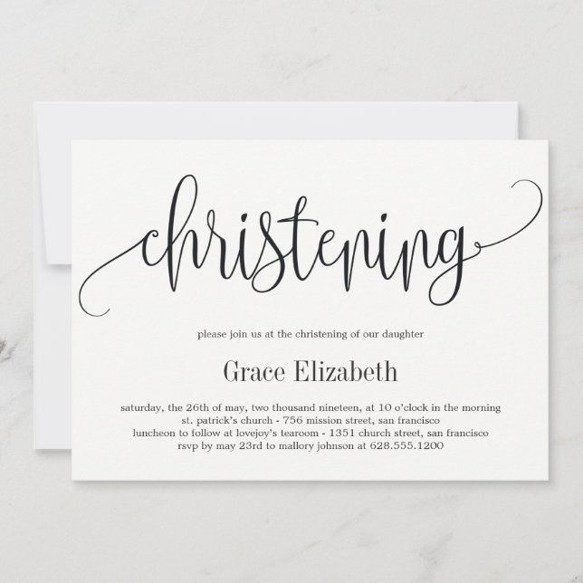 Lovely Calligraphy Christening Invitation (Front)