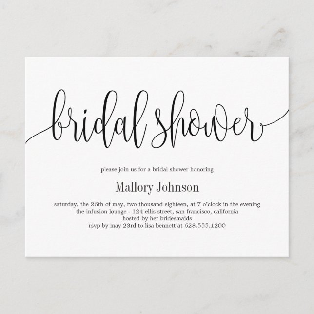 Lovely Calligraphy EDITABLE COLOR Bridal Shower Postcard (Front)