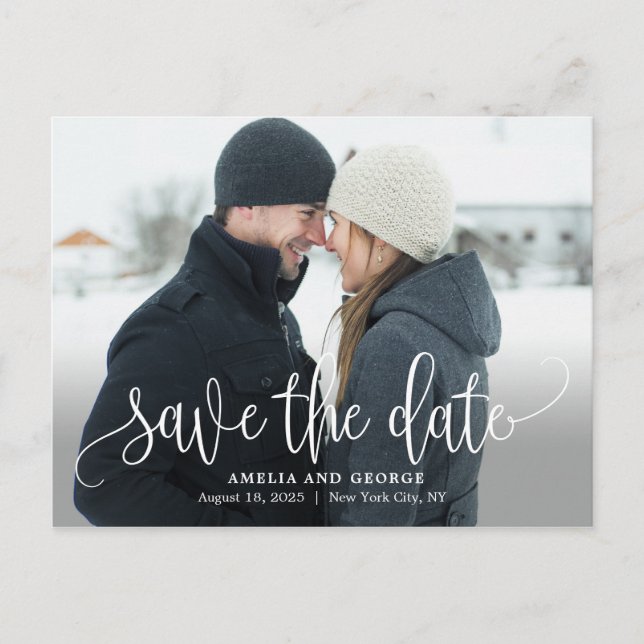 Lovely Calligraphy Photo Save The Date Postcard (Front)