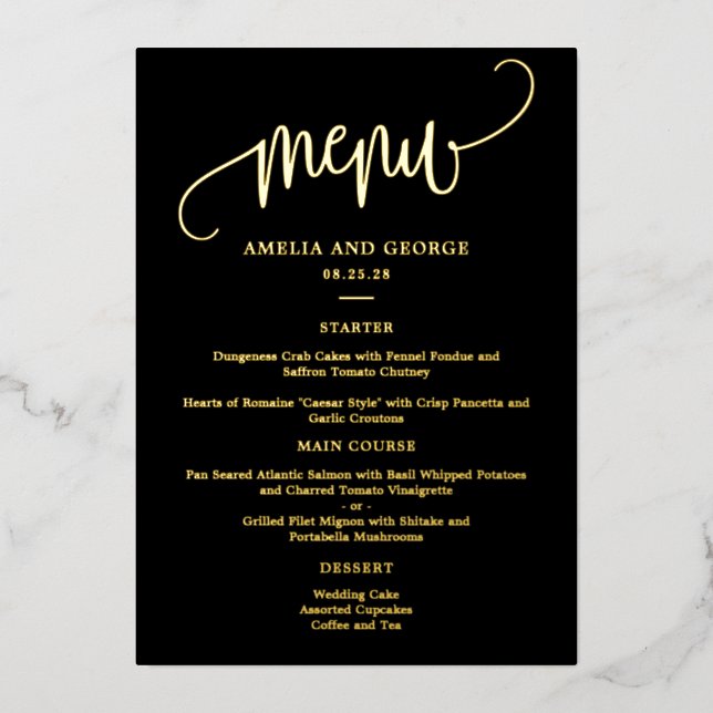 Lovely Calligraphy REAL FOIL Elegant Menu Card (Front)