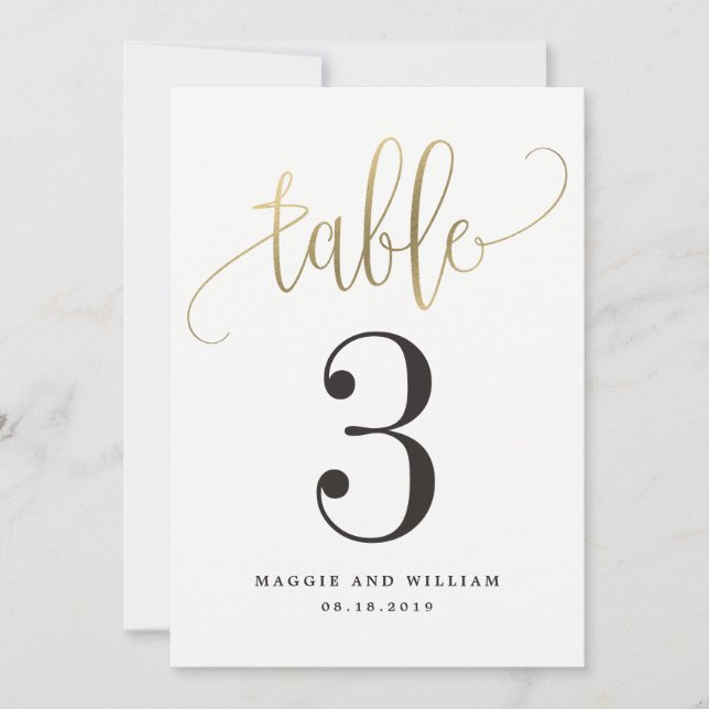 Lovely Calligraphy Table Number Card Faux Gold (Front)
