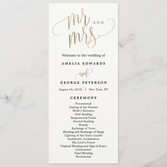 Lovely Calligraphy Wedding Program Faux Gold Programme (Front)