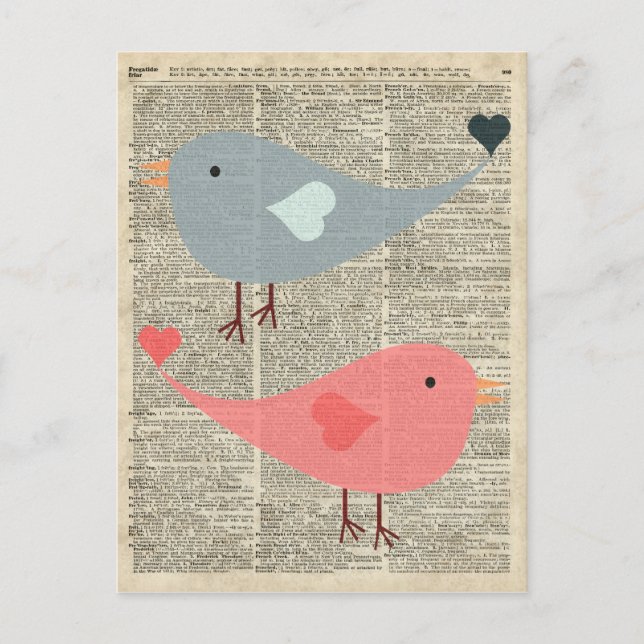 Lovely Cartoon Birds On Vintage Book Page Postcard (Front)
