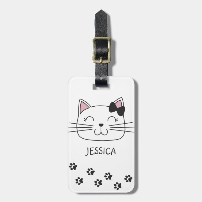 Lovely cartoon cat with paws footprints luggage tag (Front Vertical)