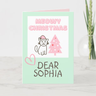 Lovely Cat in a Hat&Tree Happy Christmas Pastel Ca Card