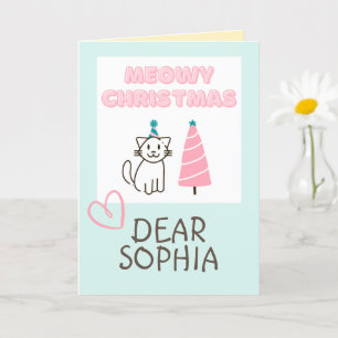 Lovely Cat in a Hat&Tree Happy Christmas Pastel Ca Card