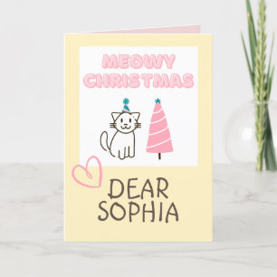 Lovely Cat in a Hat&Tree Happy Christmas Pastel Ca Card