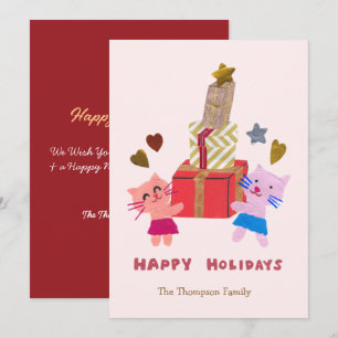 lovely cats with gift boxes pink holiday card
