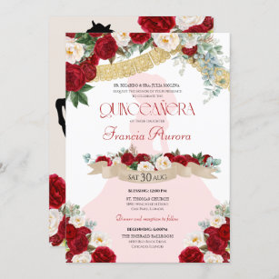 Lovely Charro Elegant Red White Floral Quinceañera Invitation