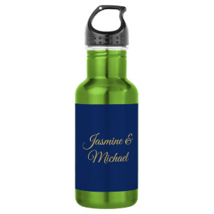 Lovely Chic Calligraphy Couple Names Blue & Gold 532 Ml Water Bottle
