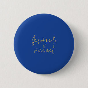 Lovely Chic Calligraphy Couple Names Blue & Gold 6 Cm Round Badge