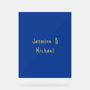 Lovely Chic Calligraphy Couple Names Blue & Gold Acrylic Sign