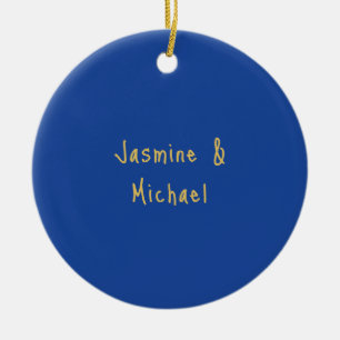 Lovely Chic Calligraphy Couple Names Blue & Gold Ceramic Tree Decoration
