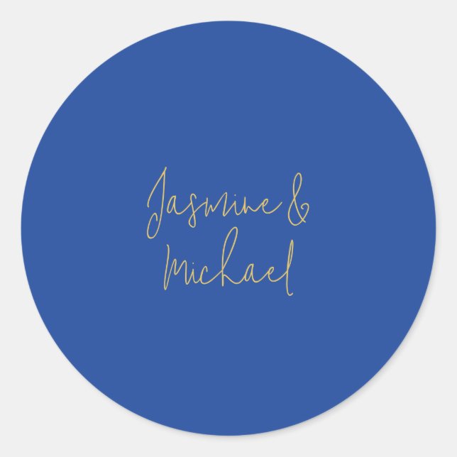 Lovely Chic Calligraphy Couple Names Blue & Gold Classic Round Sticker (Front)