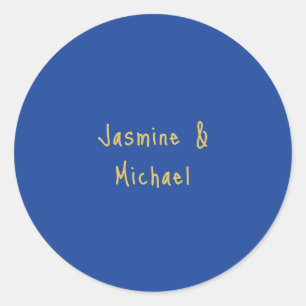 Lovely Chic Calligraphy Couple Names Blue & Gold Classic Round Sticker