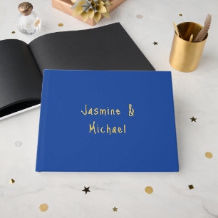 Lovely Chic Calligraphy Couple Names Blue & Gold Guest Book