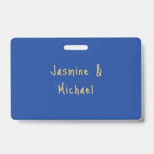 Lovely Chic Calligraphy Couple Names Blue & Gold ID Badge