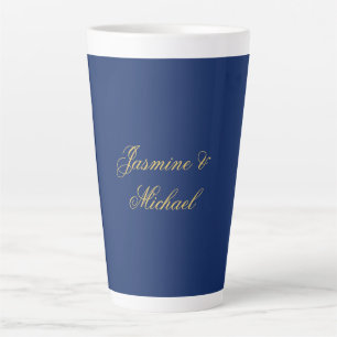 Lovely Chic Calligraphy Couple Names Blue & Gold Latte Mug
