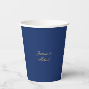 Lovely Chic Calligraphy Couple Names Blue & Gold Paper Cups