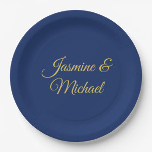 Lovely Chic Calligraphy Couple Names Blue & Gold Paper Plate