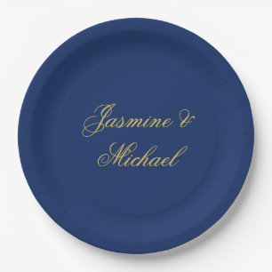 Lovely Chic Calligraphy Couple Names Blue & Gold Paper Plate