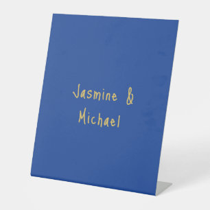 Lovely Chic Calligraphy Couple Names Blue & Gold Pedestal Sign