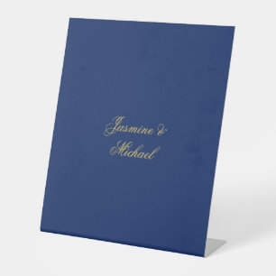 Lovely Chic Calligraphy Couple Names Blue & Gold Pedestal Sign