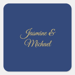 Lovely Chic Calligraphy Couple Names Blue & Gold Square Sticker