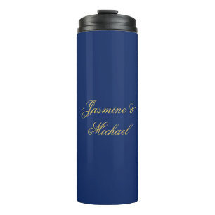 Lovely Chic Calligraphy Couple Names Blue & Gold Thermal Tumbler