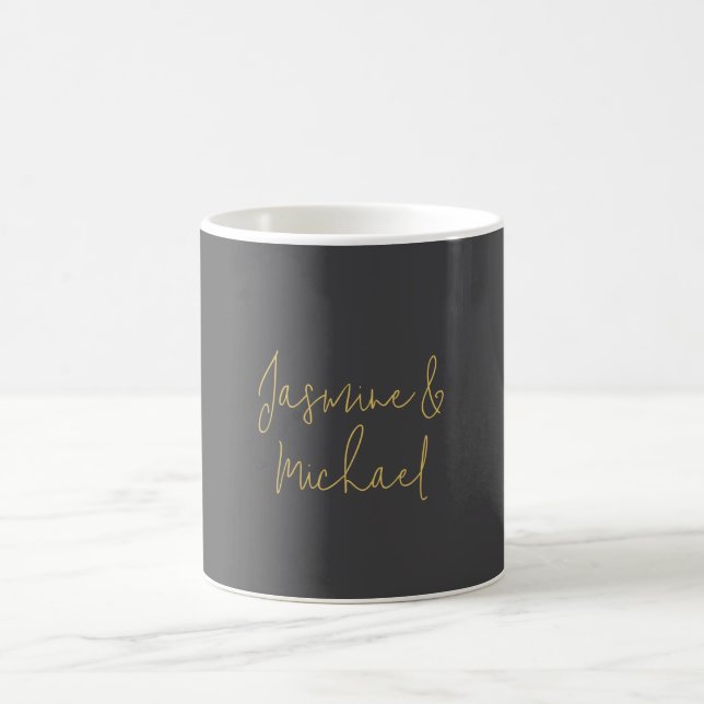 Lovely Chic Calligraphy Couple Names Grey & Gold Coffee Mug (Center)