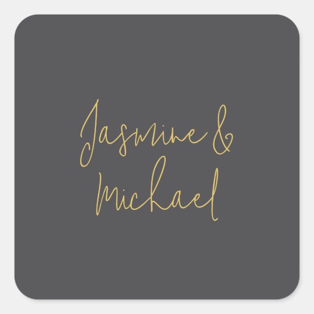 Lovely Chic Calligraphy Couple Names Grey & Gold Square Sticker (Front)