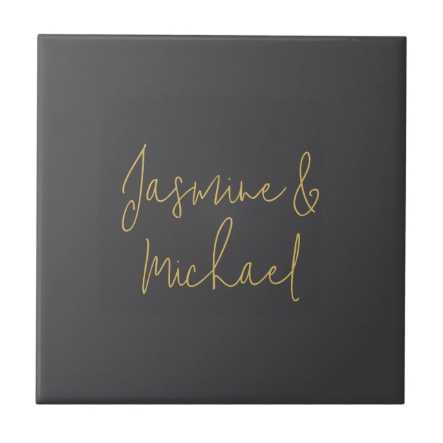 Lovely Chic Calligraphy Couple Names Grey & Gold Tile (Front)